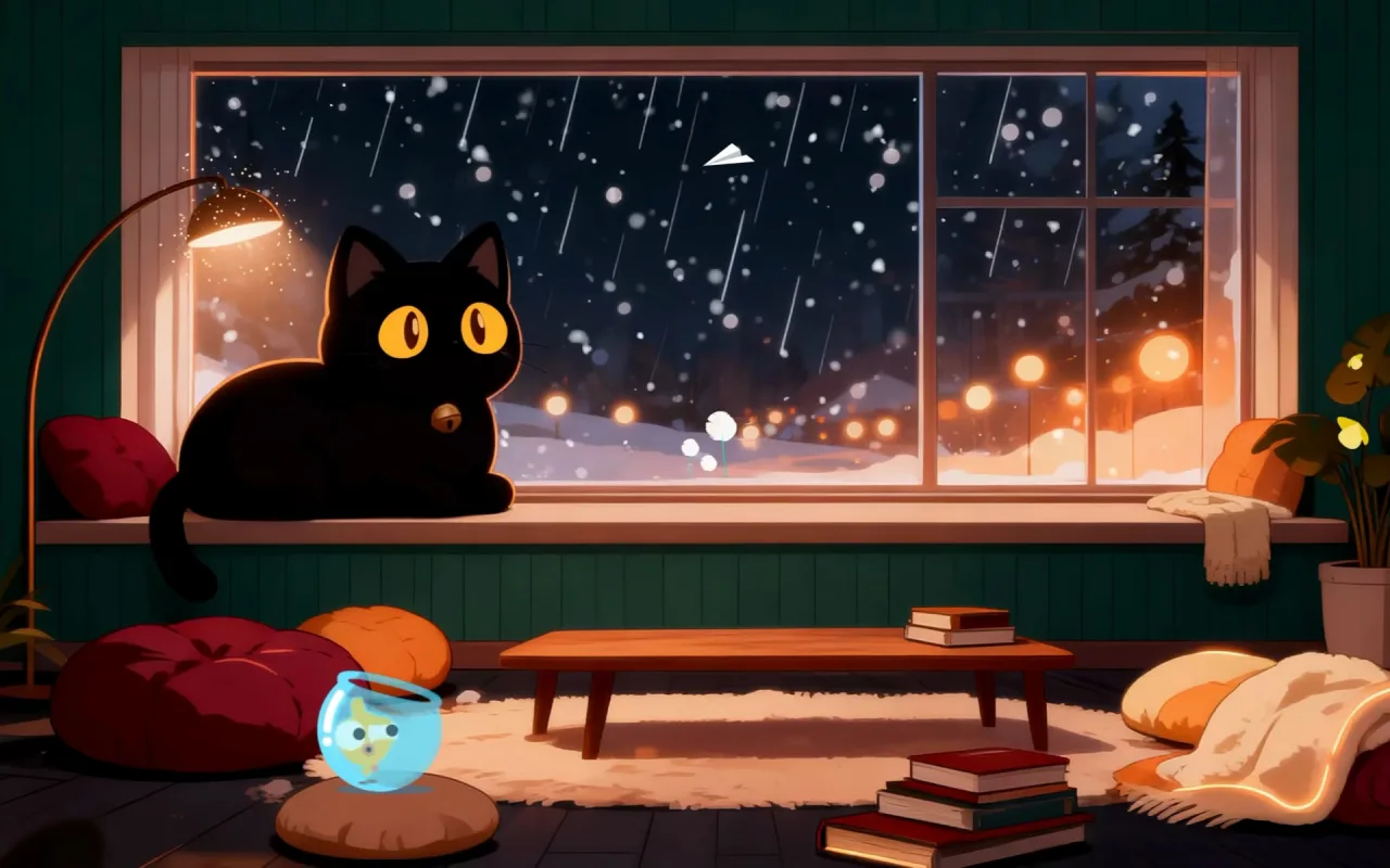Midnight Winter View With Cat live wallpaper preview