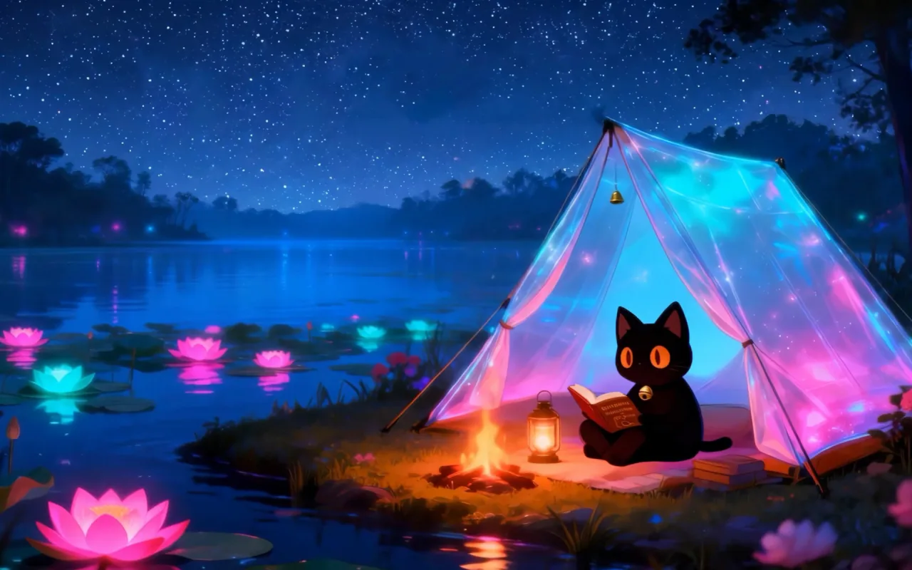 Magical Night Lakeside with Kitty live wallpaper preview