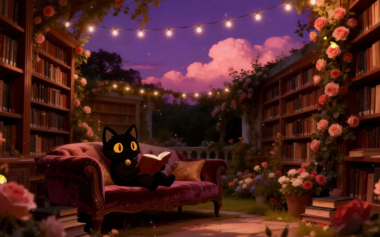 Kitty: Dreamy Garden Library live wallpaper preview