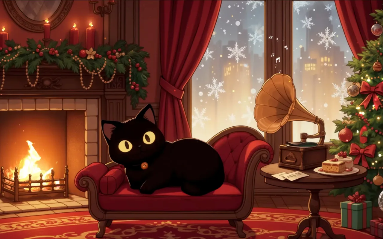 Cozy Christmas Fireplace Kitty live wallpaper preview