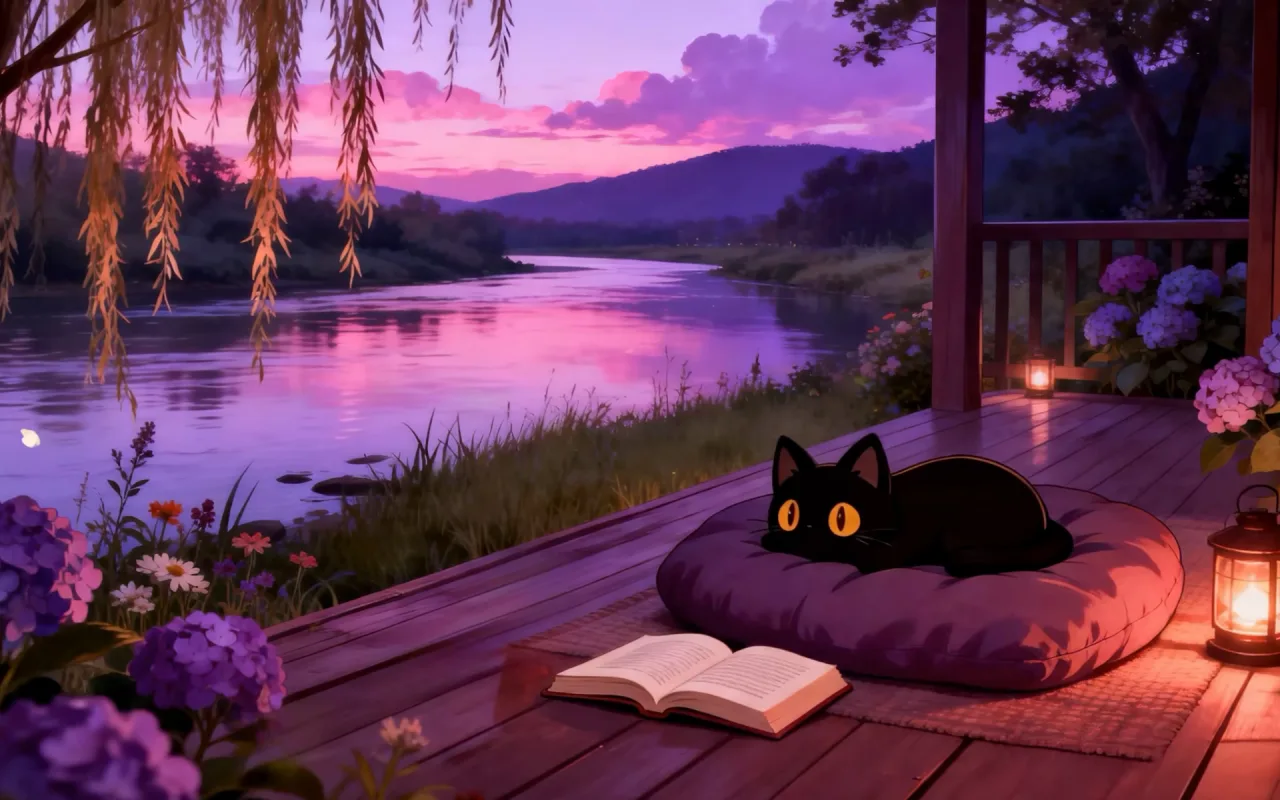 Kitty: Bookish Evening at the River live wallpaper preview