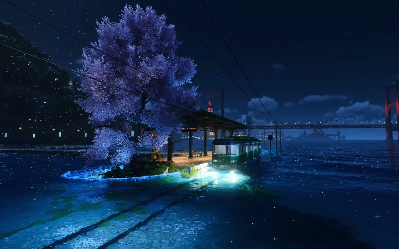 Night Sakura Train Station live wallpaper preview