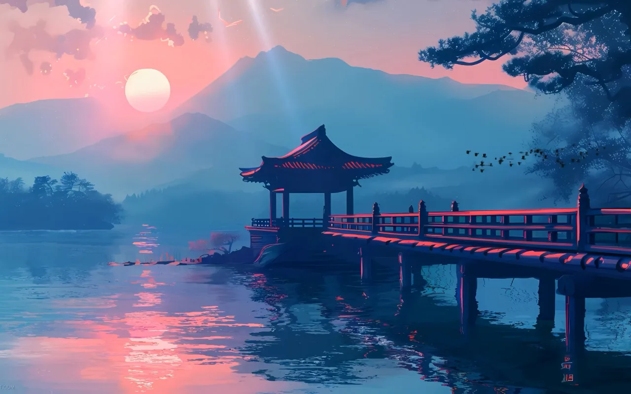 Japanese river sunset live wallpaper preview