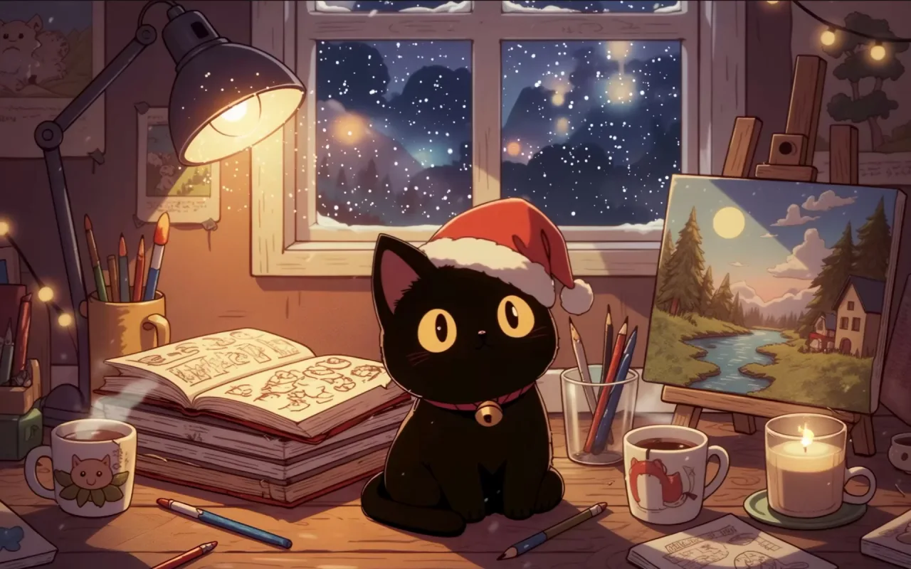 Black Cat's Christmas Art Studio live wallpaper preview