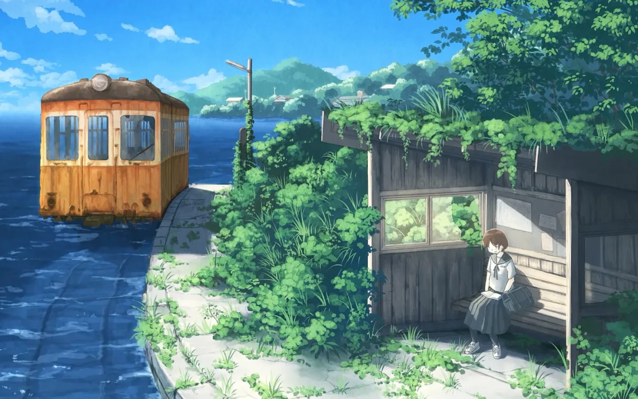 Anime Girl At Abandoned Train Station live wallpaper preview