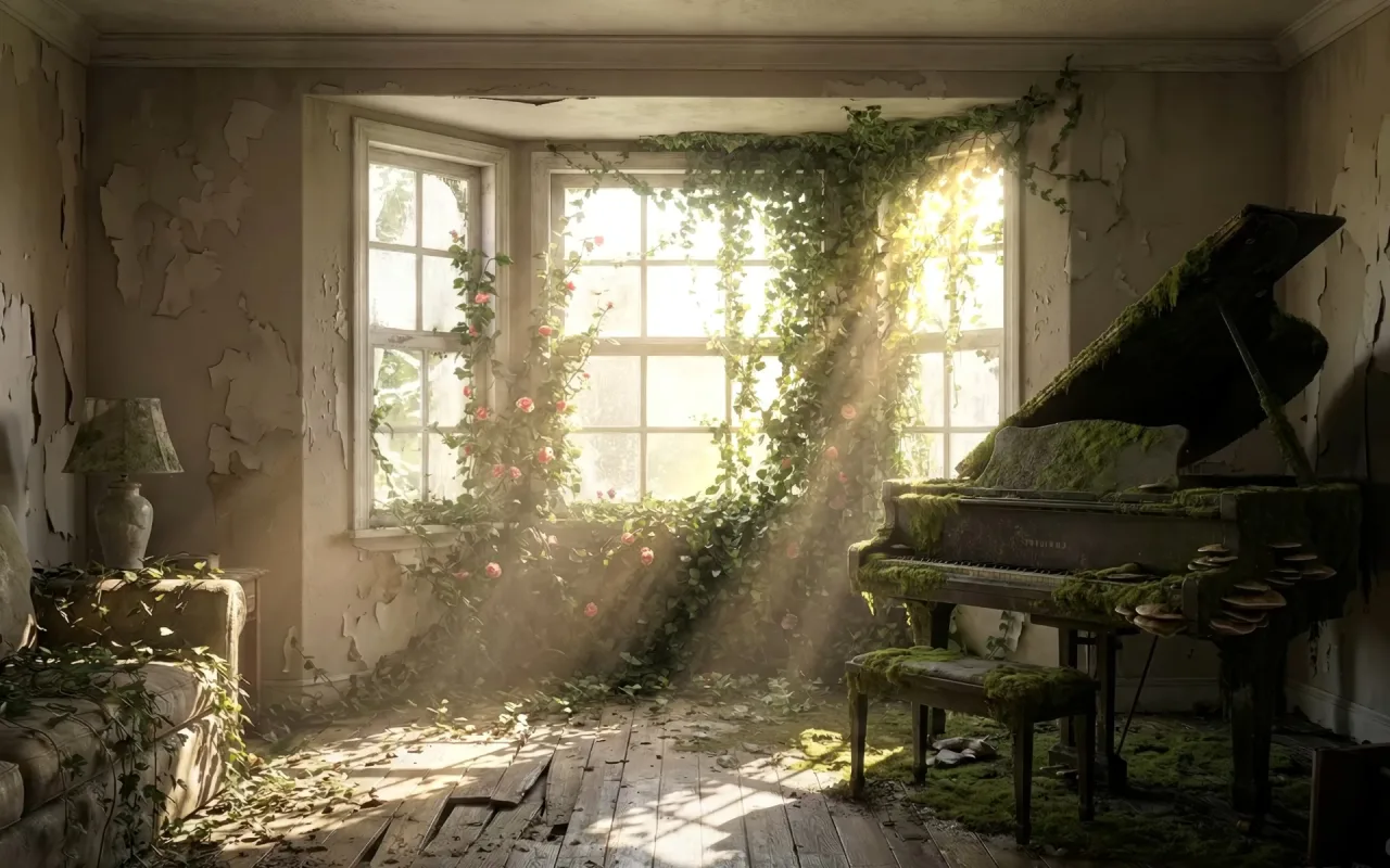 The Last Of Us: Overgrown Piano And Roses live wallpaper preview