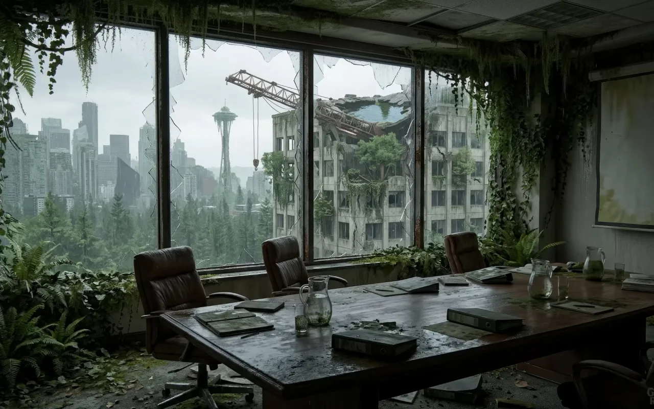 The Last Of Us: Overgrown Skyscraper Office live wallpaper preview