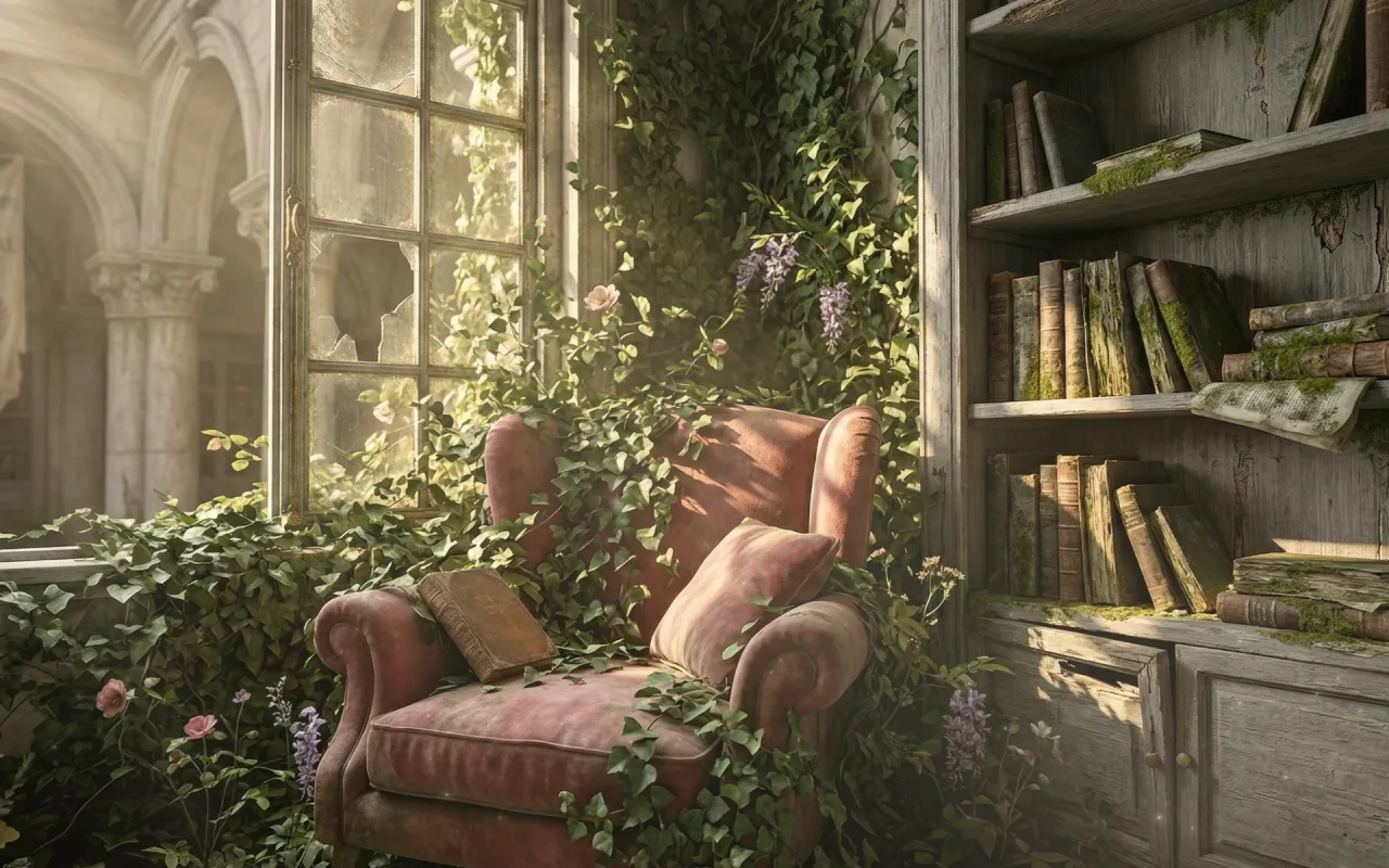 The Last of Us: Abandoned Library & Overgrown Armchair live wallpaper preview