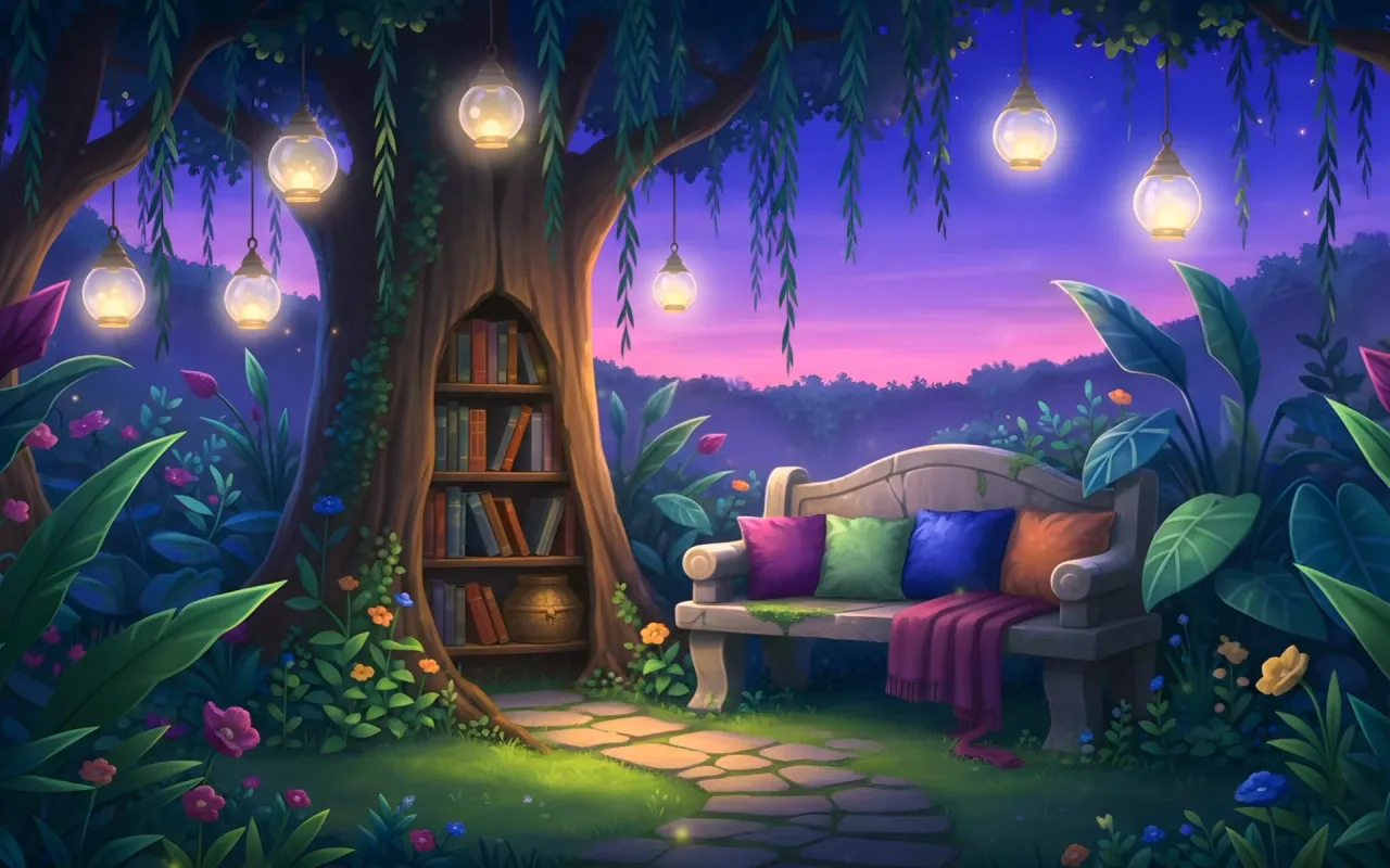 Cozy Fairy Library Secret Garden at Twilight live wallpaper preview