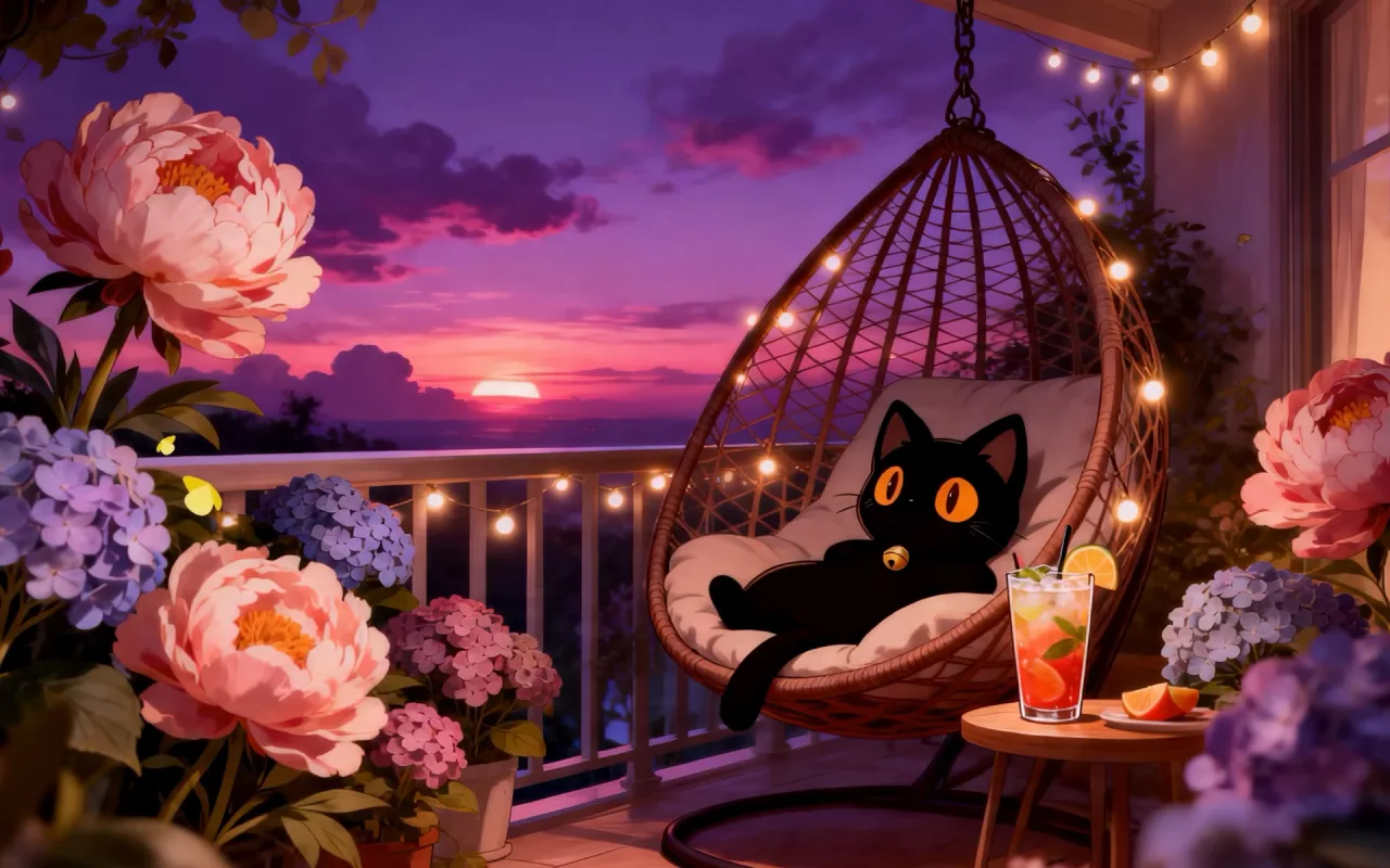 Kitty: Dreamy Sunset Balcony live wallpaper preview