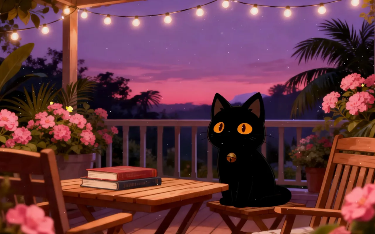 Kitty: Summer Evening Balcony live wallpaper preview