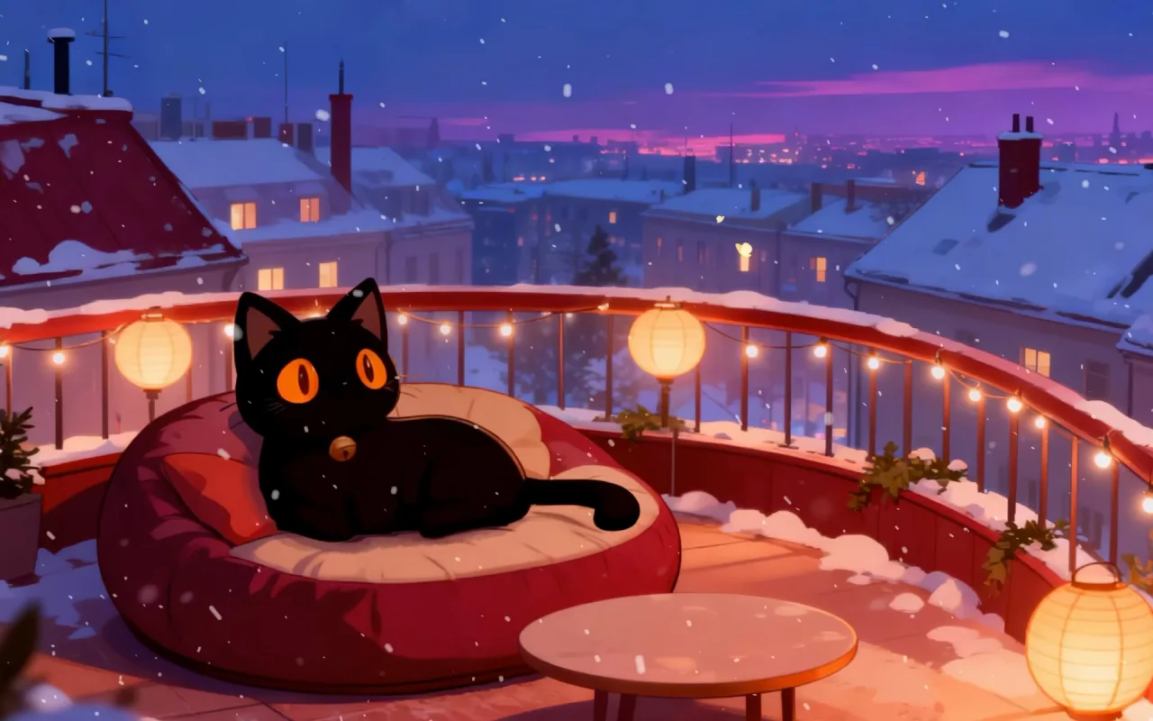 Cat Snowy City Rooftop live wallpaper preview