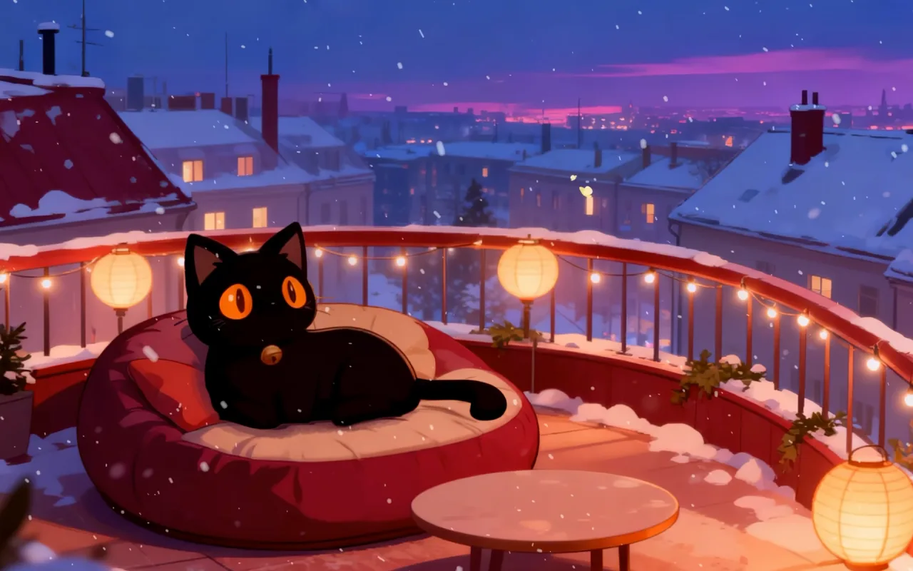 Cat Snowy City Rooftop live wallpaper preview