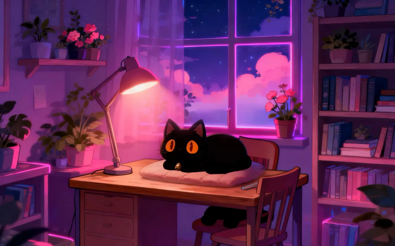 Kitty: Midnight Cozy Room live wallpaper preview