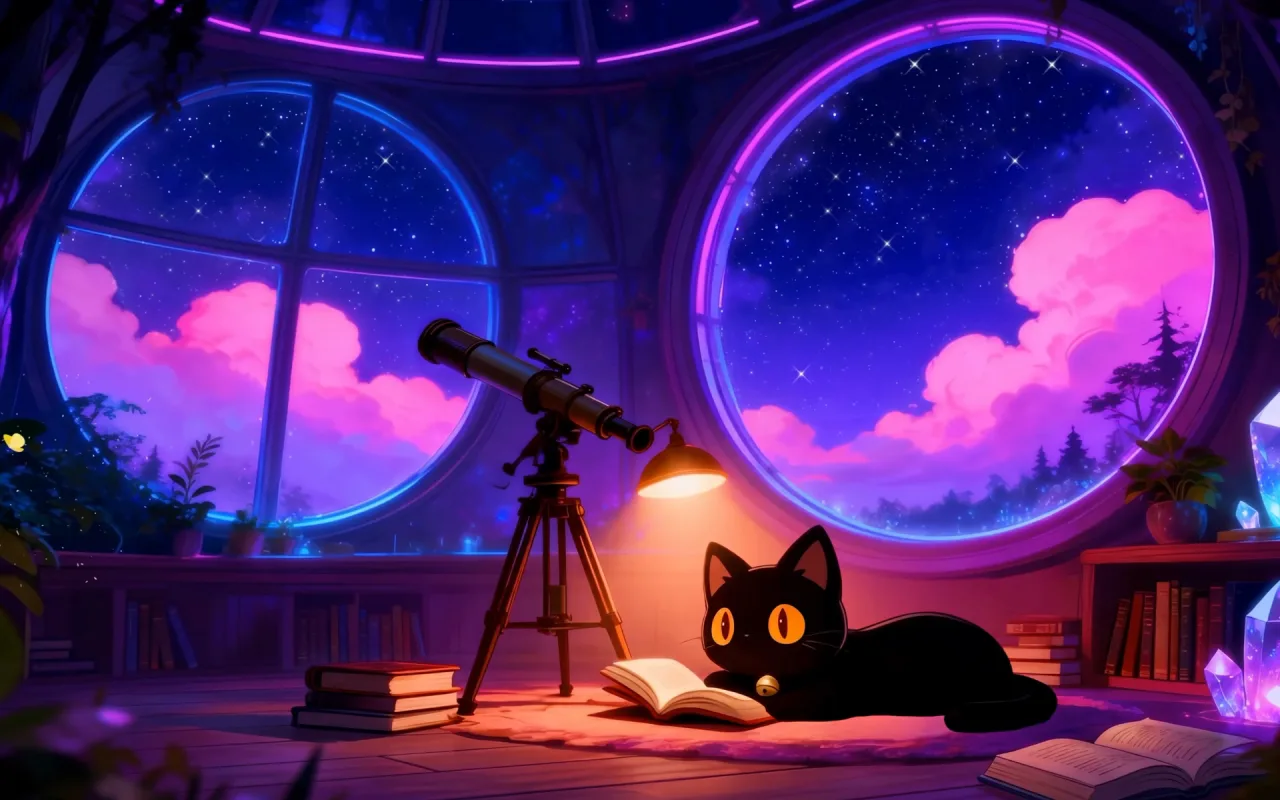 Kitty: Magical Night Study live wallpaper preview