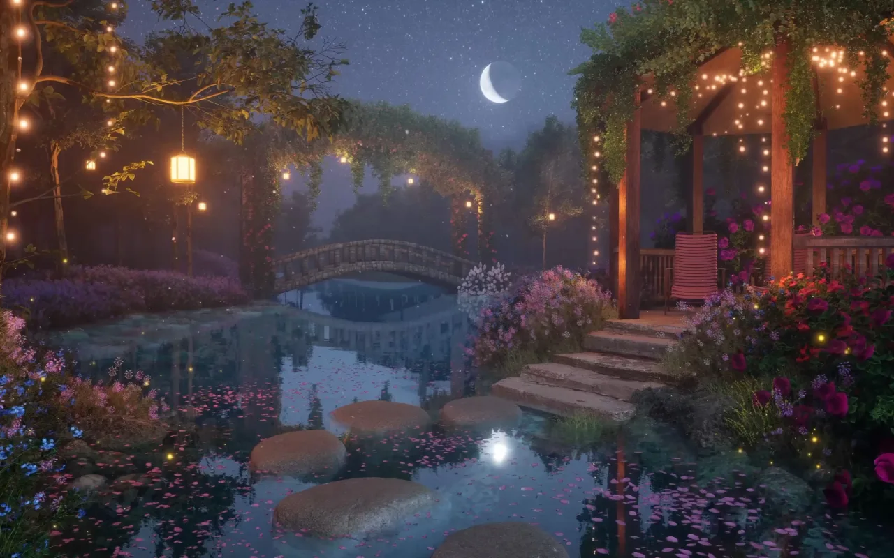Cozy Enchanted Lake Garden in the Spring Night live wallpaper preview