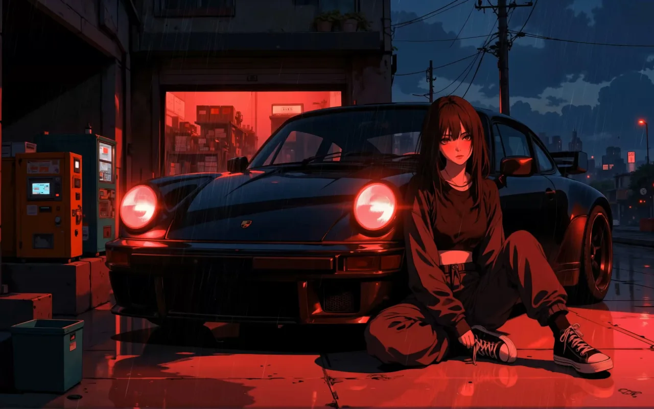Girl And Car On A Rainy Night live wallpaper preview