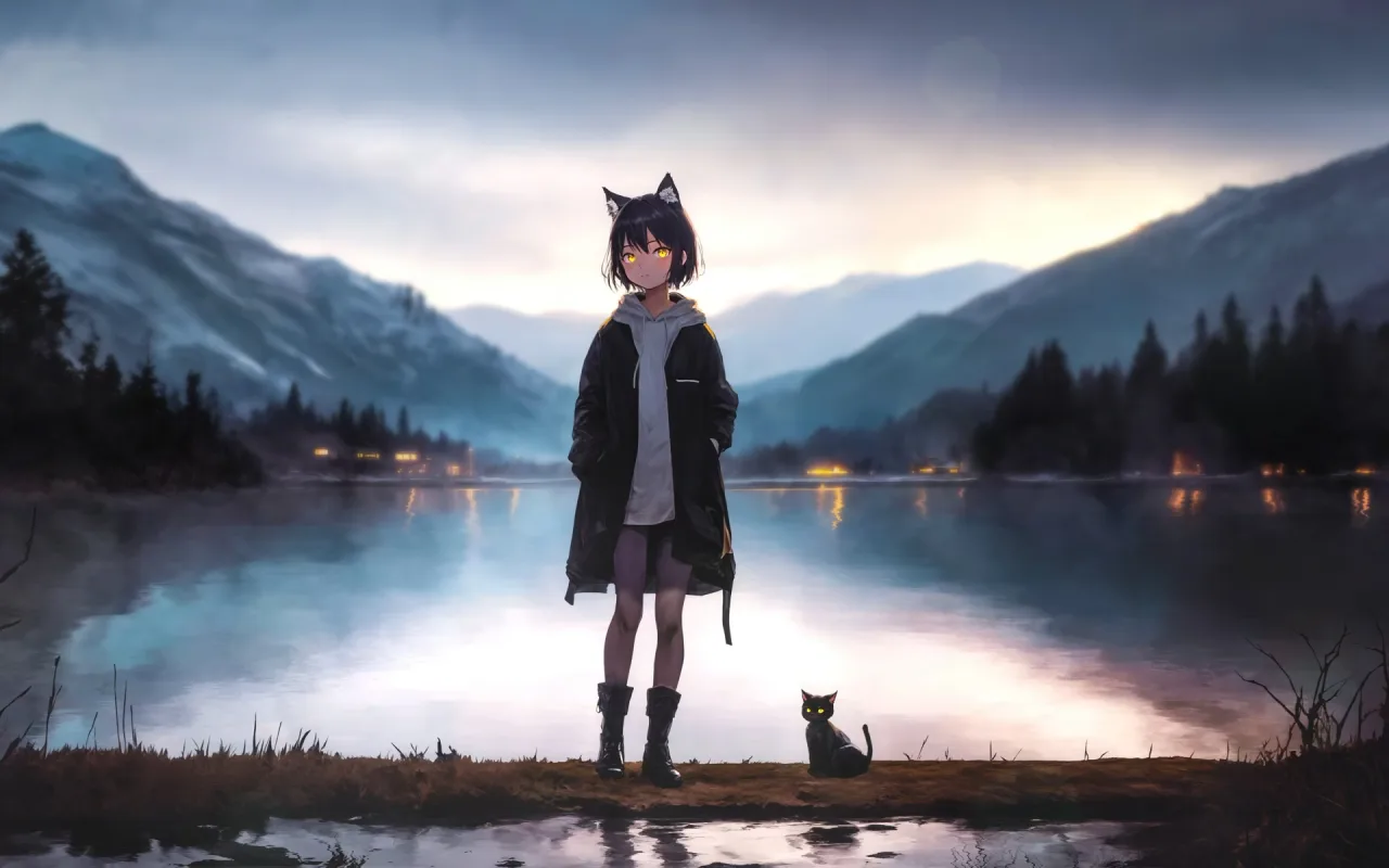 Catgirl By Lake live wallpaper preview