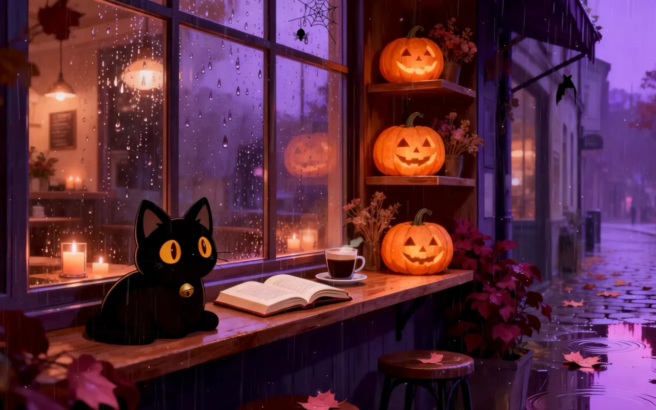 Kitty Midnight Halloween Cafe live wallpaper preview