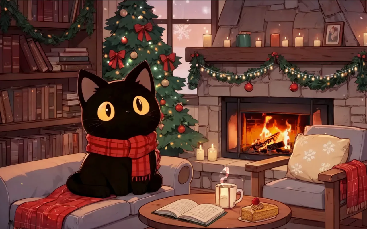 Christmas Kitty Fireplace live wallpaper preview