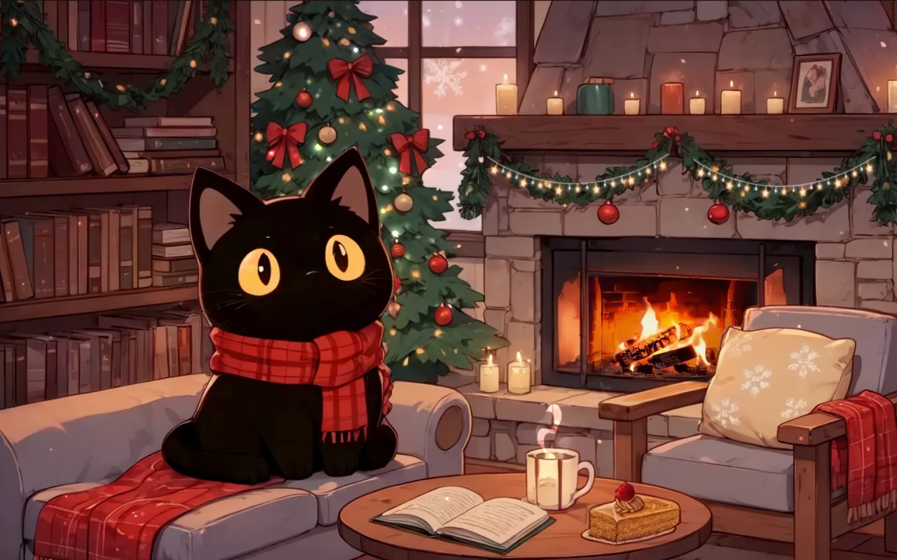 Christmas Kitty Fireplace live wallpaper preview