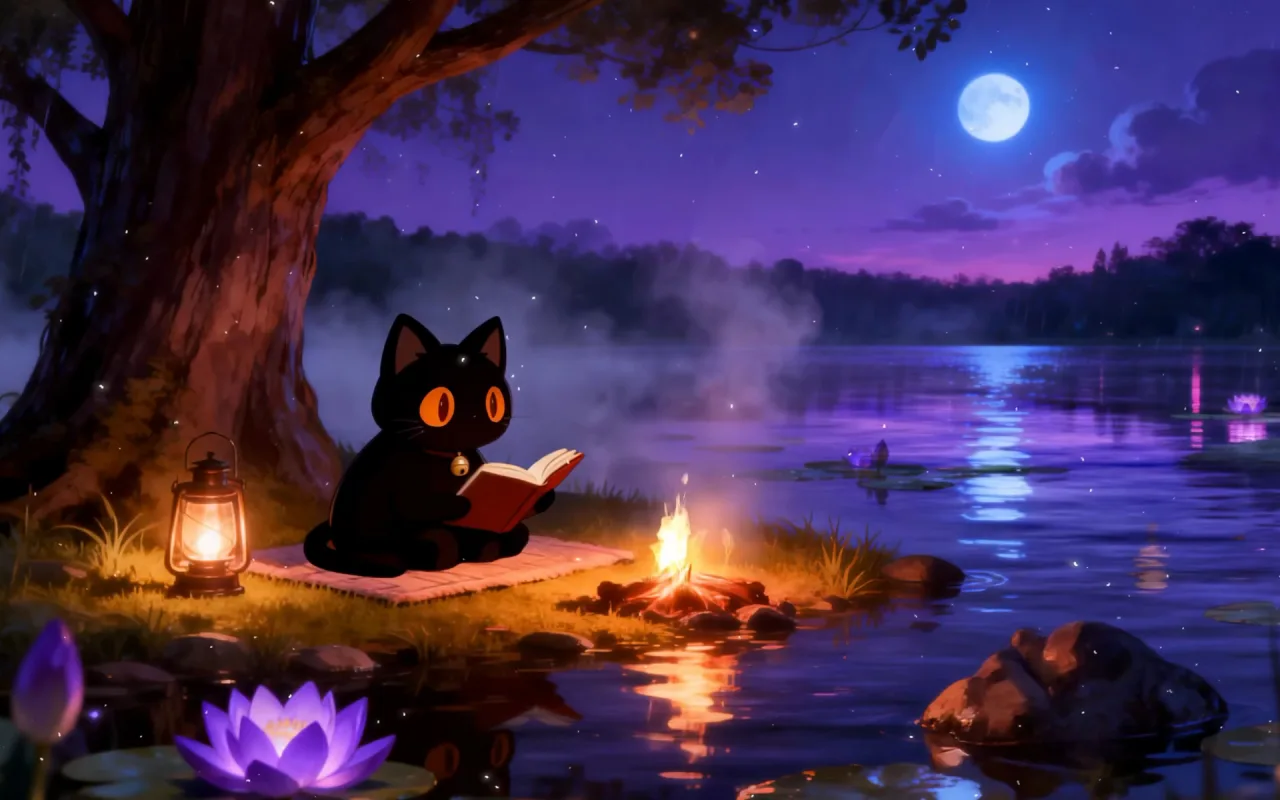 Moonlit Lake Campfire live wallpaper preview
