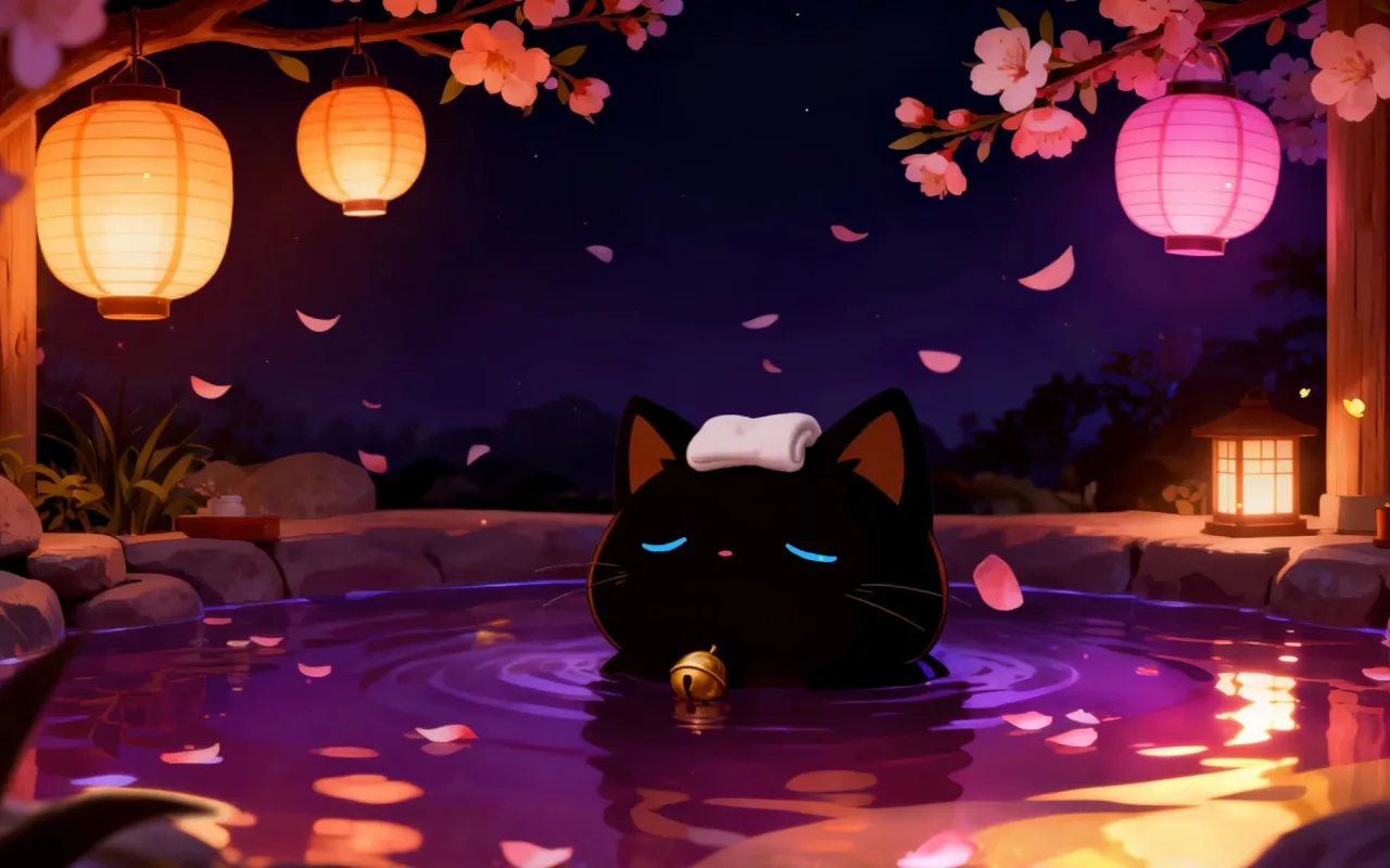 Cat Japanese Onsen Night live wallpaper preview