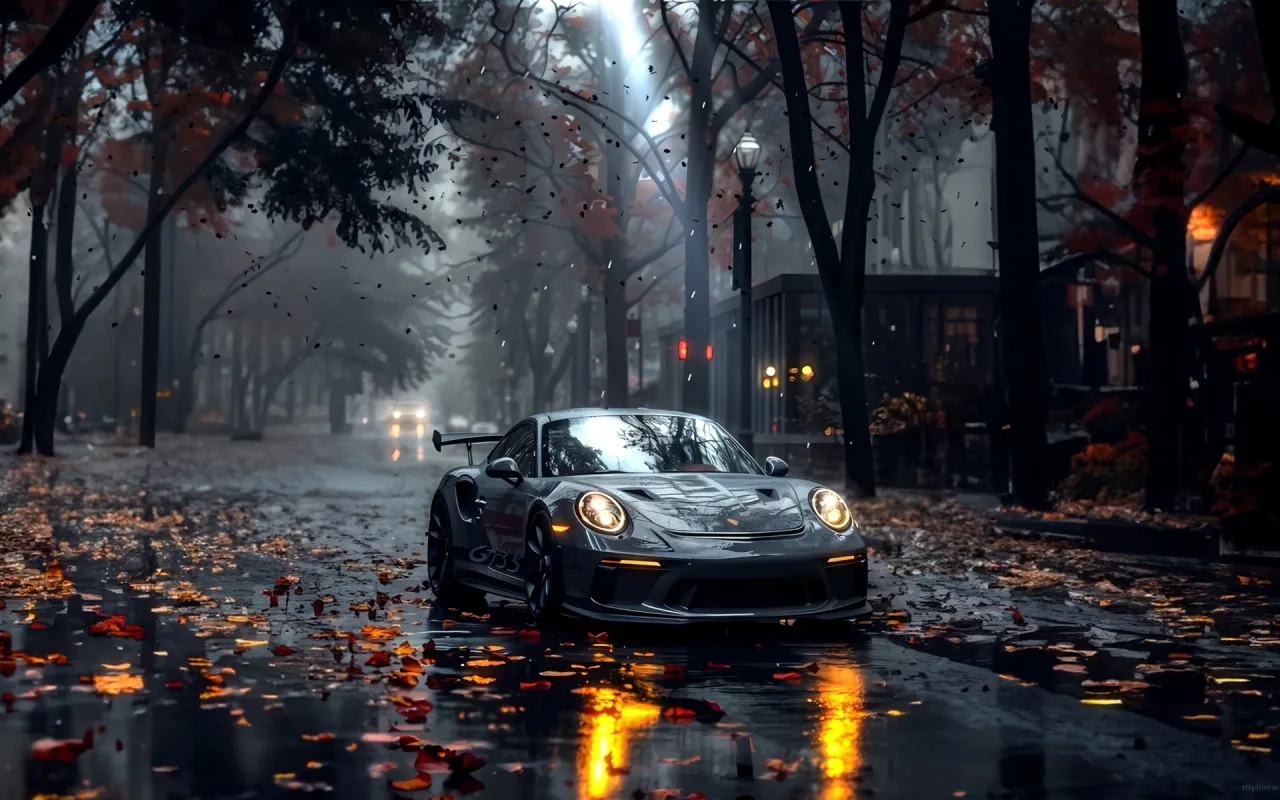 Porsche 911 on Rainy Fall Street live wallpaper preview
