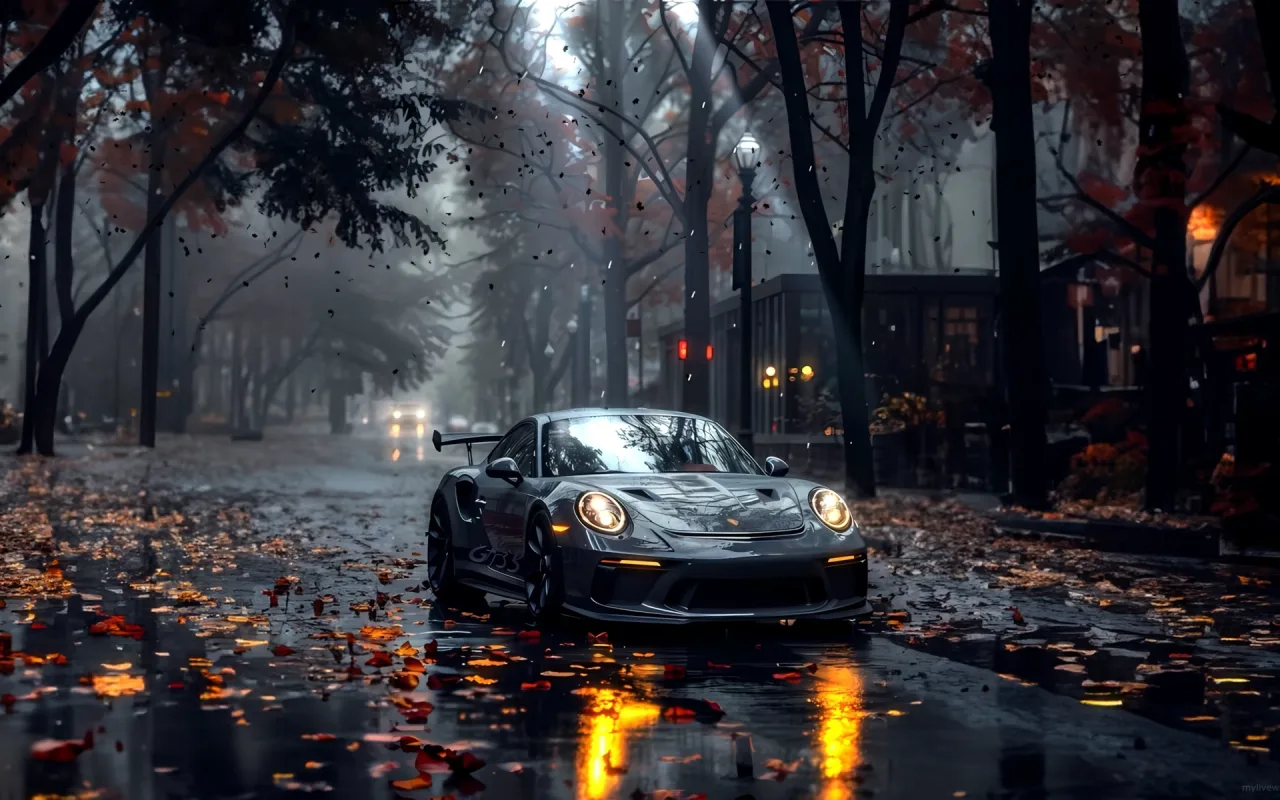 Porsche 911 on Rainy Fall Street live wallpaper preview