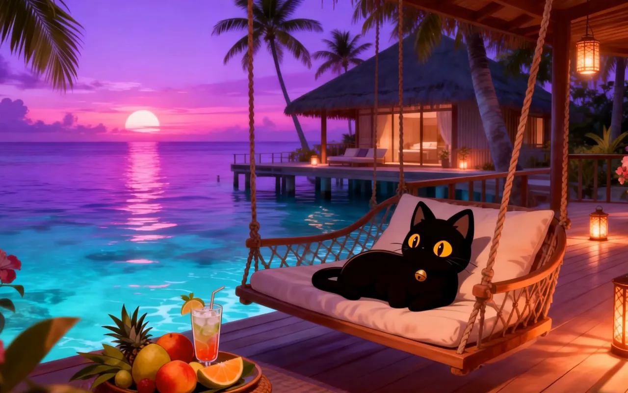 Seaside Resort: Kitty Ocean Sunset Relaxation live wallpaper preview