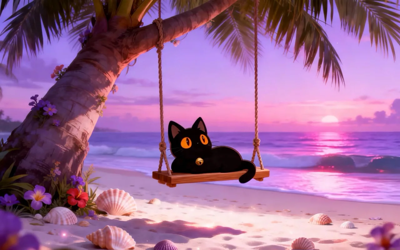 Kitty: Sunset Beach Swing live wallpaper preview