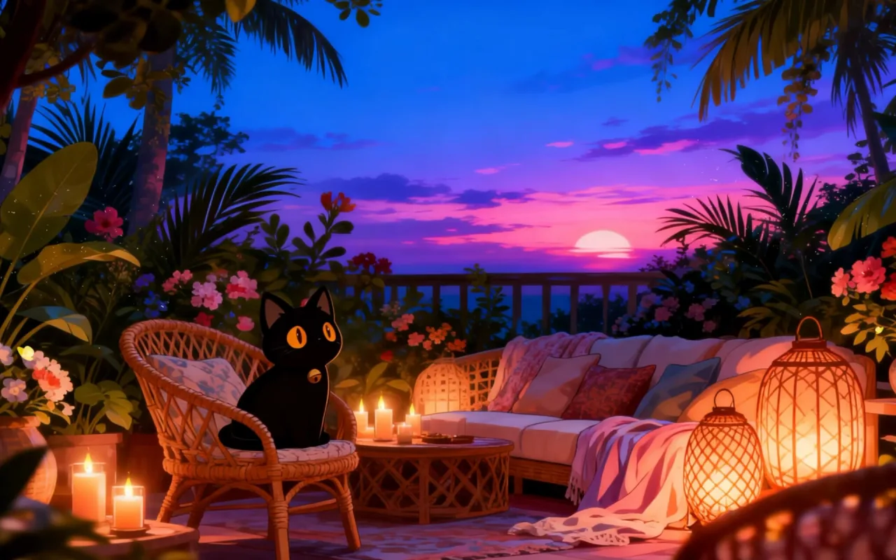 Kitty: Peaceful Garden Balcony live wallpaper preview