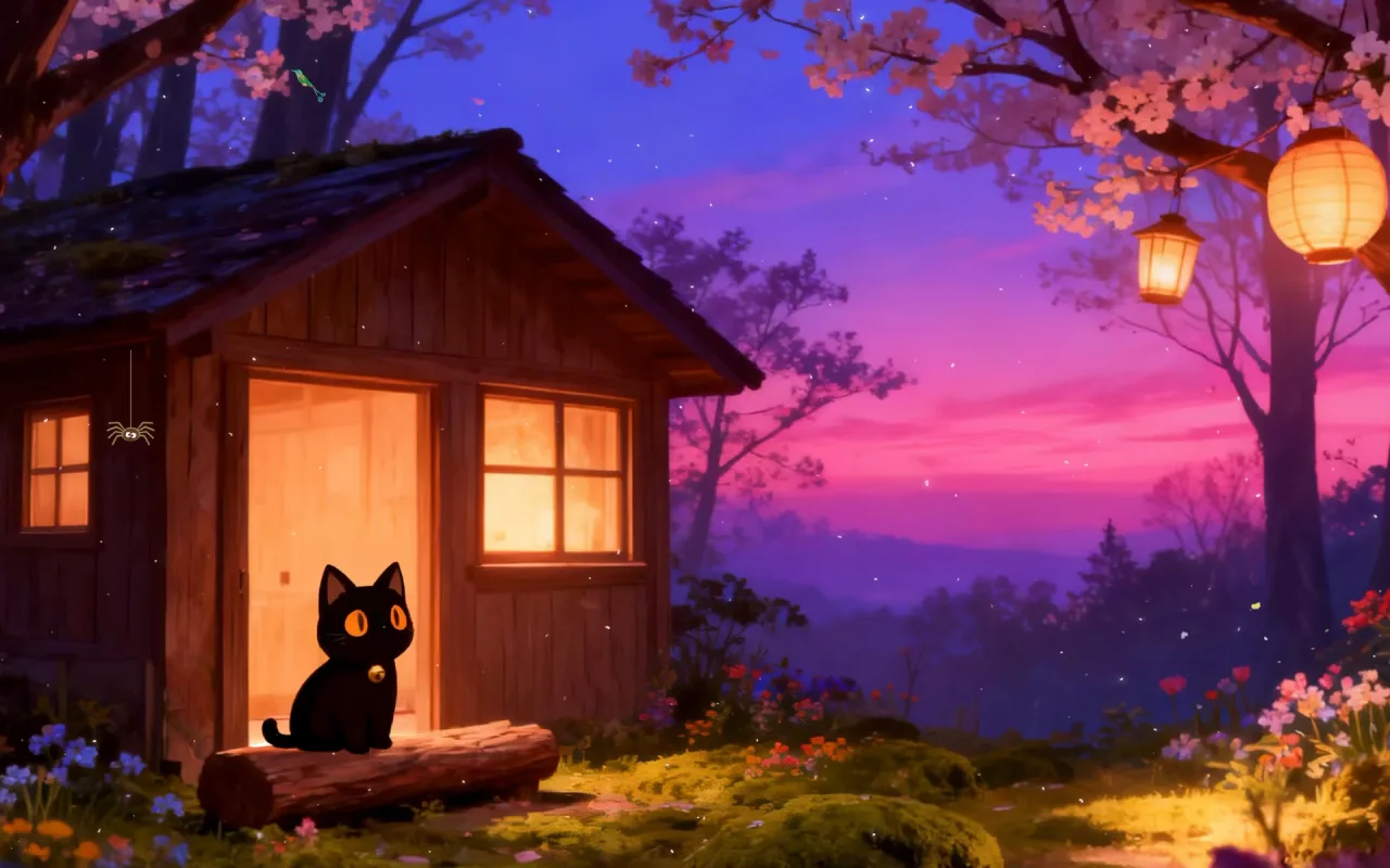 Spring Twilight With A Black Cat live wallpaper preview