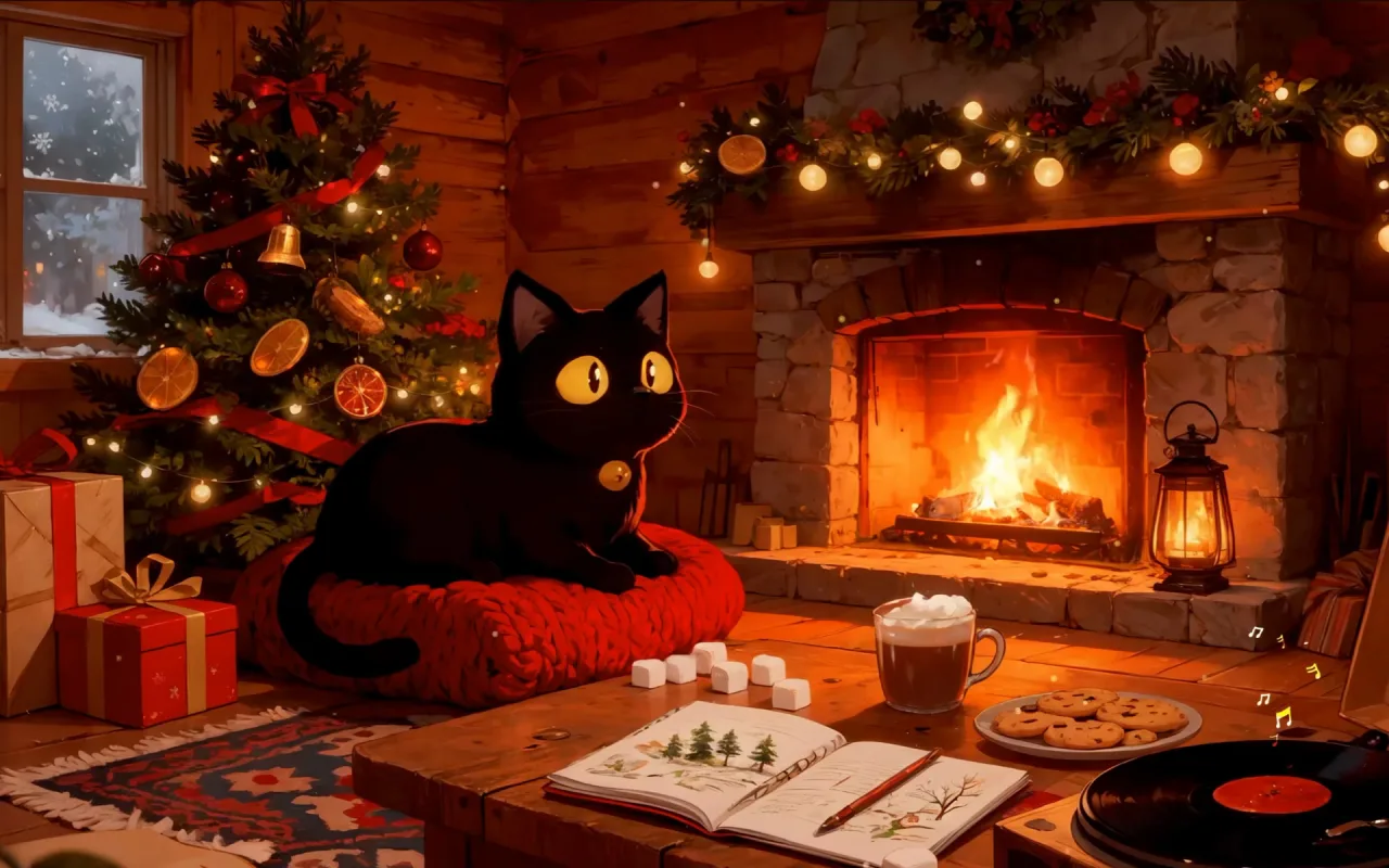 Cat Relaxing by the Fire live wallpaper preview