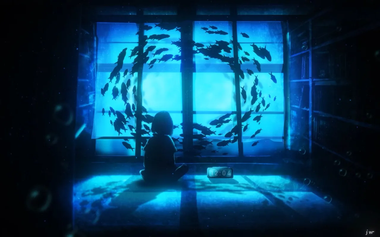 Anime Girl Sitting Near Aquarium live wallpaper preview