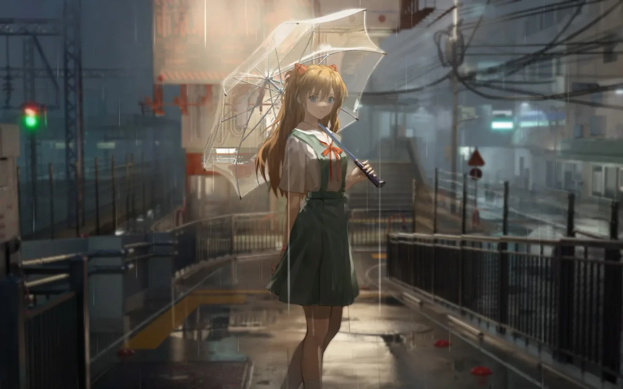 Asuka with Umbrella in the Rain live wallpaper preview