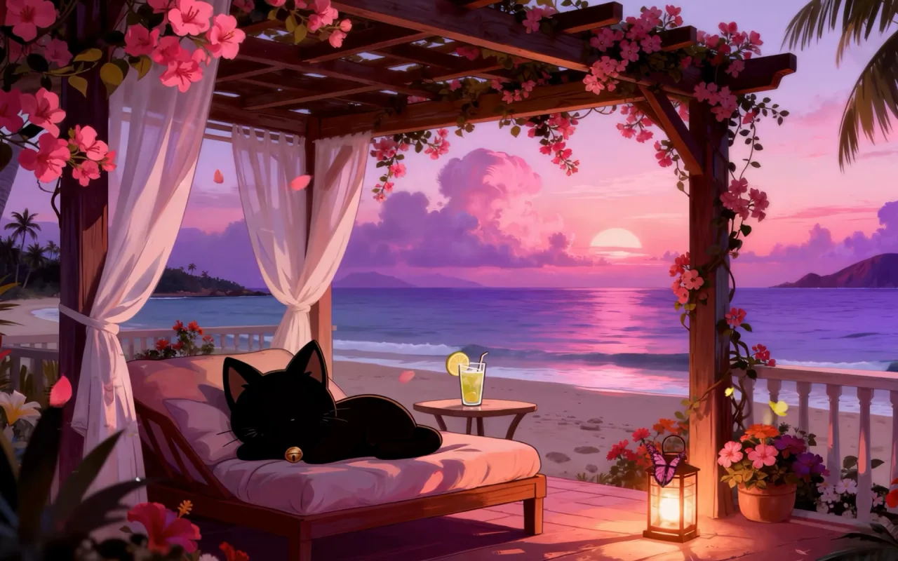 Kitty: Dreamy Ocean Balcony live wallpaper preview