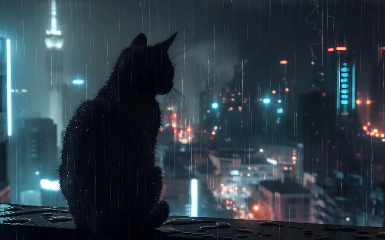 Black cat in rain live wallpaper preview