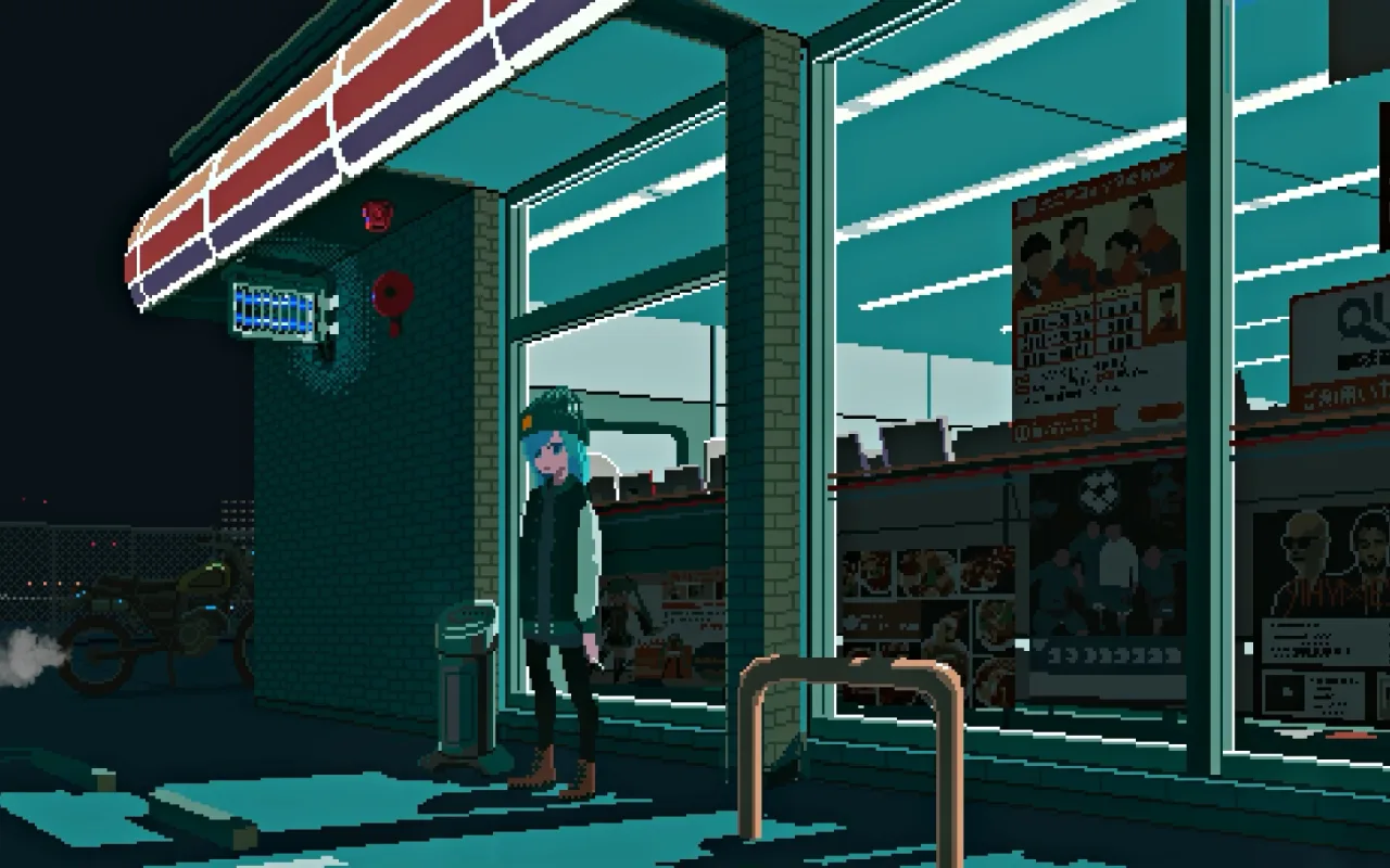 Pixel Girl Smoking at Gas Station live wallpaper preview