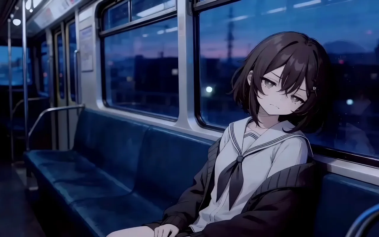 Lonely Anime Girl on Train at Night live wallpaper preview
