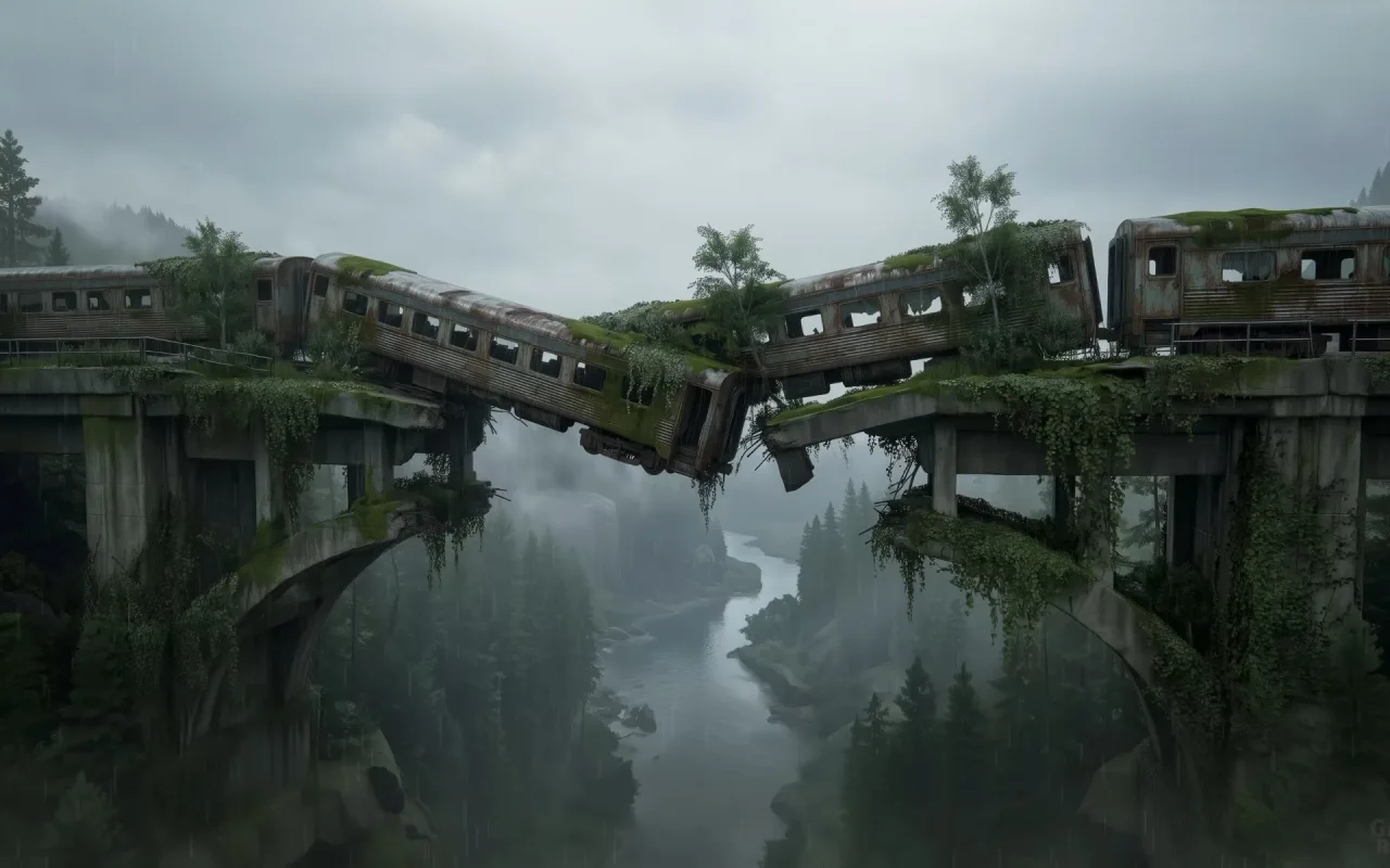 The Last Of Us: Trains Hanging Over The Void live wallpaper preview