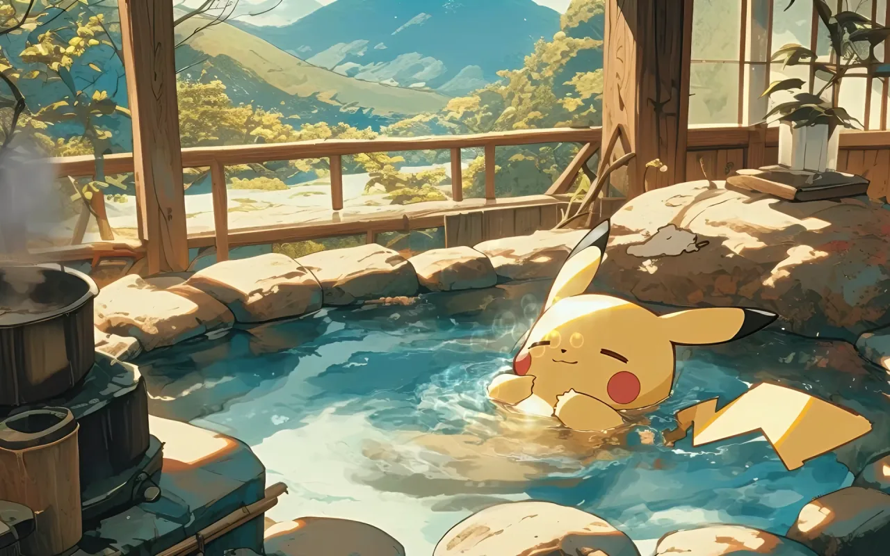 Pikachu Chilling in a Hot Tub live wallpaper preview