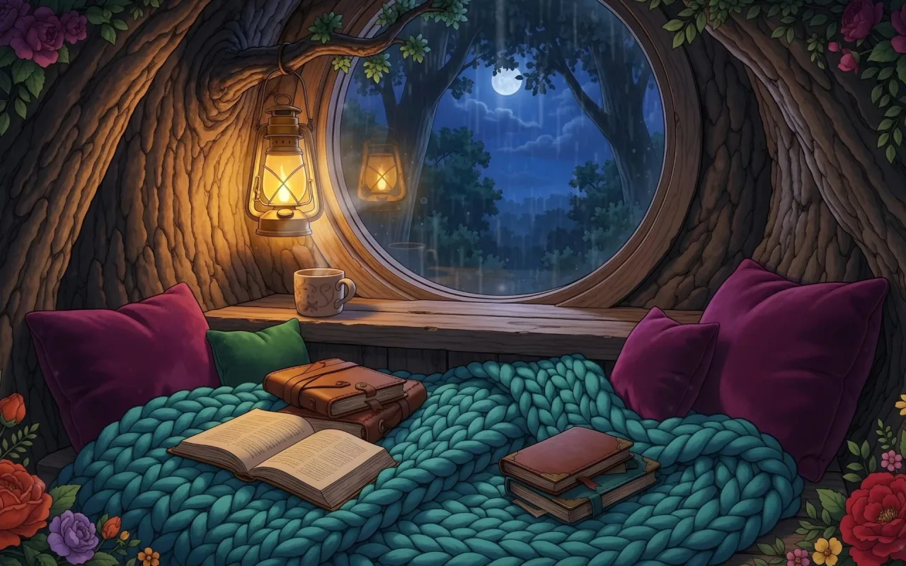 Rain in the Treehouse Nook live wallpaper preview