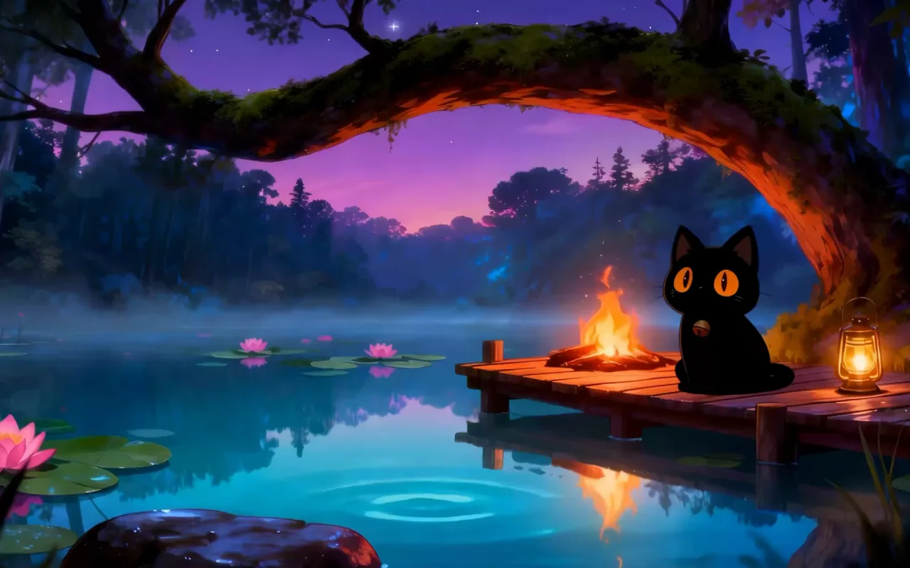 Kitty: Fireplace at the Lake live wallpaper preview